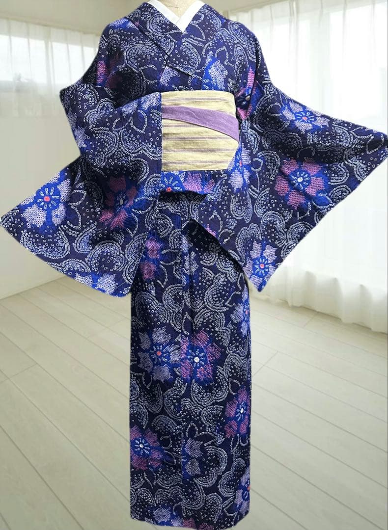 新品✨美品✨藍染に紫　有松鳴海絞り浴衣　身丈161裄丈67