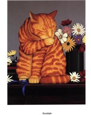 猫とヒナギクの花 ヴィンテージステンドグラス ランドルフ スーザン・パワーズ