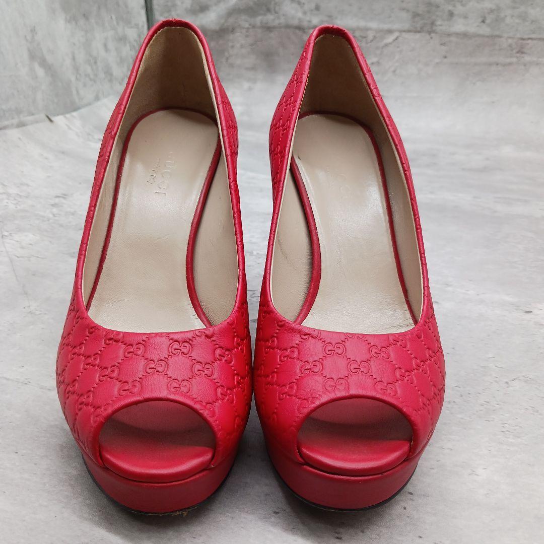 ✨美品✨ グッチ シマレザーオープントゥパンプス レッド 34.5