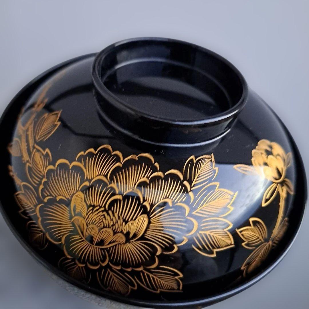 【輪島塗　沈金\"牡丹彫　御吸物椀×5客】布着本堅地　黒塗　未使用品