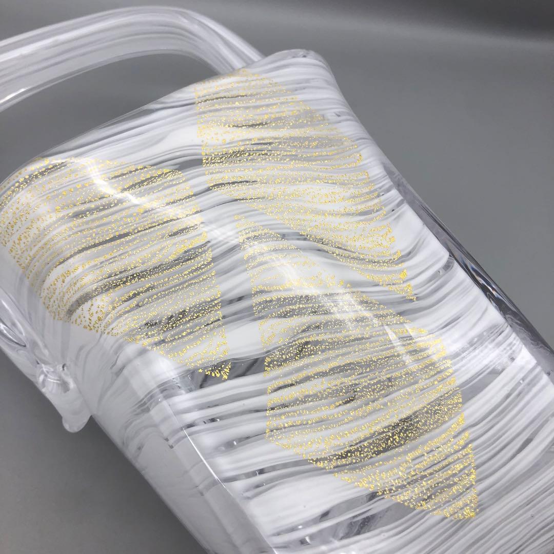 希少岩津ガラスビンテージハンドル付き四角フラワーベース花瓶マーブル金斑点柄