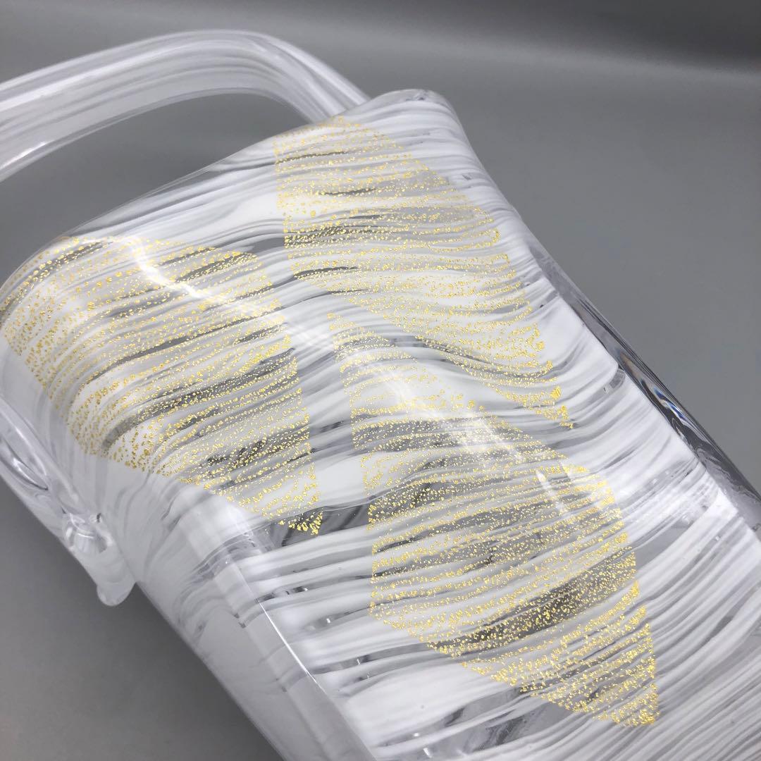 希少岩津ガラスビンテージハンドル付き四角フラワーベース花瓶マーブル金斑点柄