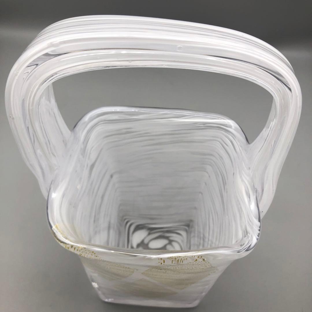 希少岩津ガラスビンテージハンドル付き四角フラワーベース花瓶マーブル金斑点柄