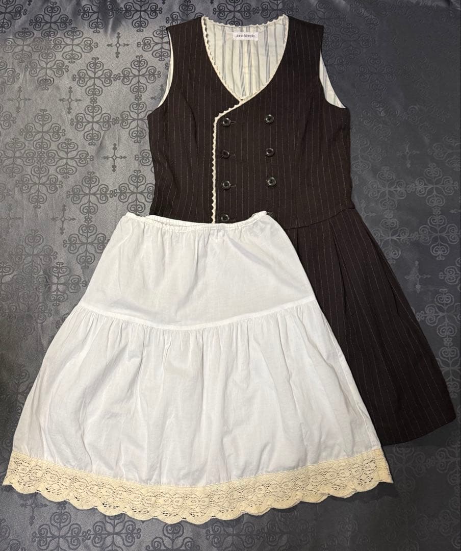 JaneMarpleストライプウールのベストワンピース　ブラウン　レース JSK
