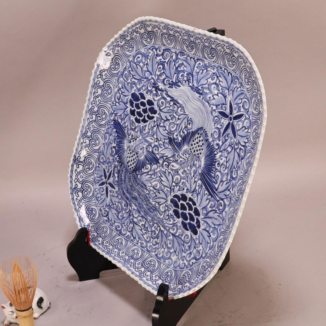 BK304　江戸期　肥前焼　古伊万里　大明成化年製　牡丹鳳凰角切刺身鉢　37㎝