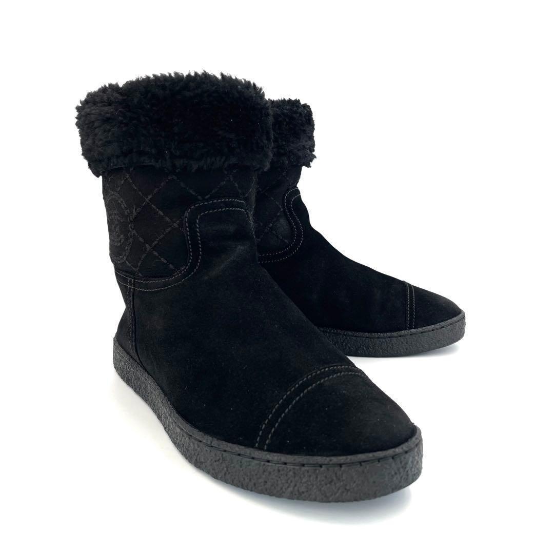 《超美品》シャネル ショート スエード ムートンブーツ ココマーク 黒系 35