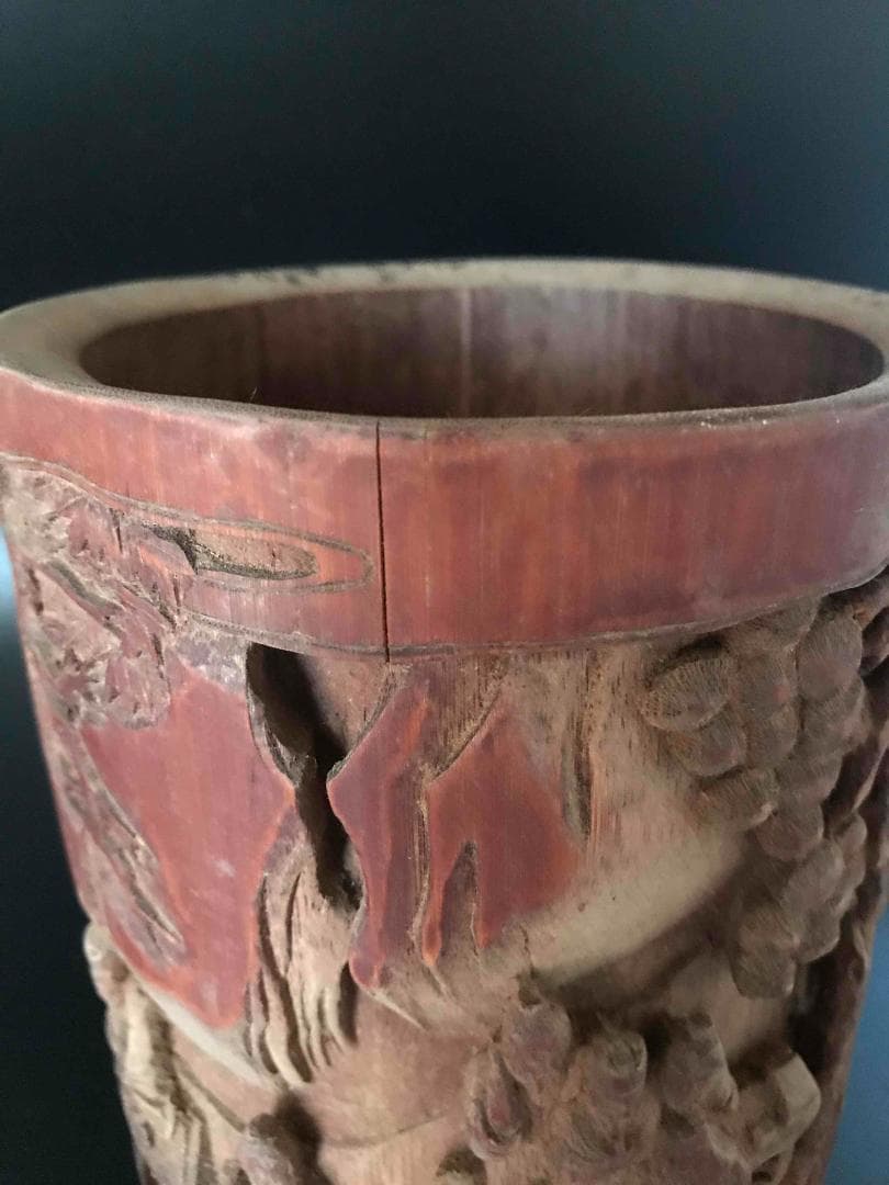 清時代　竹林七仙紋竹筆筒　筆立　筆掛(E-9)