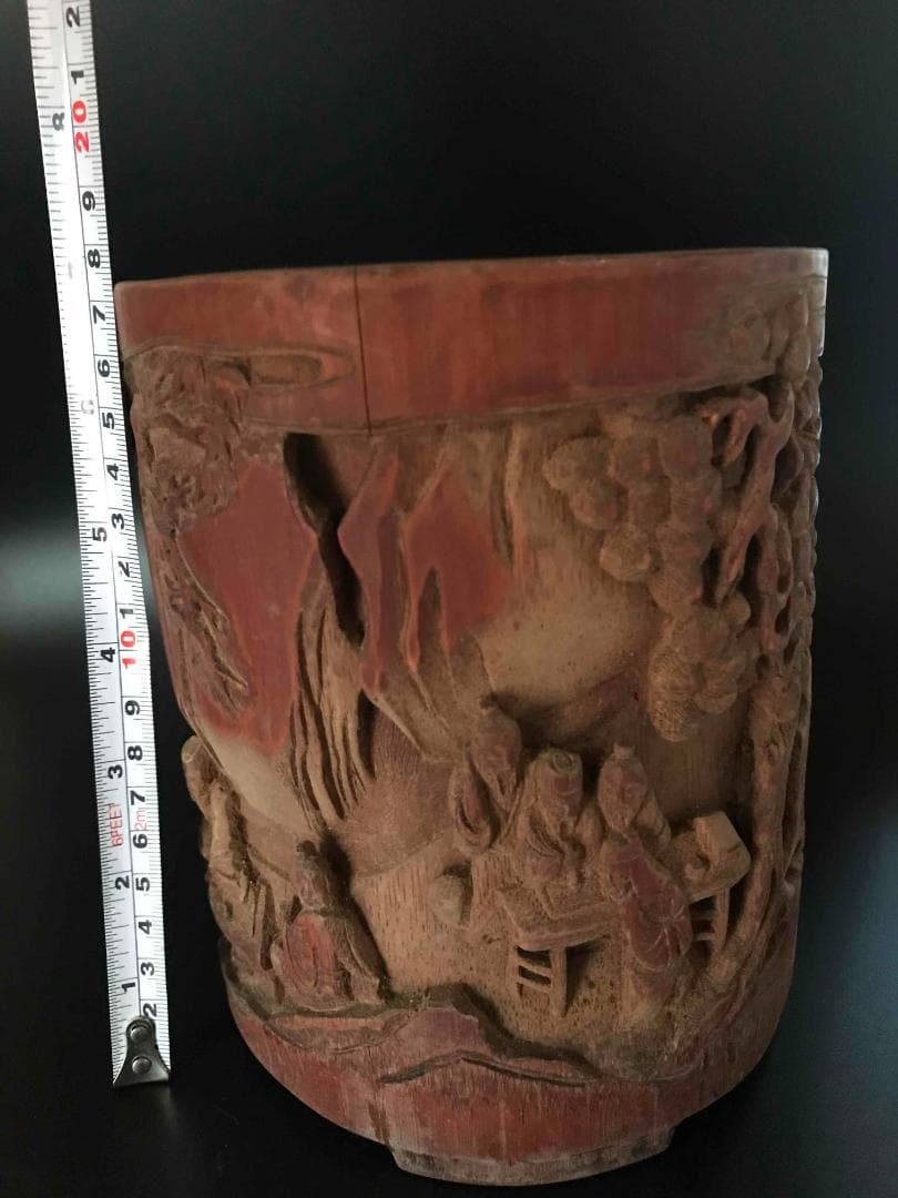 清時代　竹林七仙紋竹筆筒　筆立　筆掛(E-9)