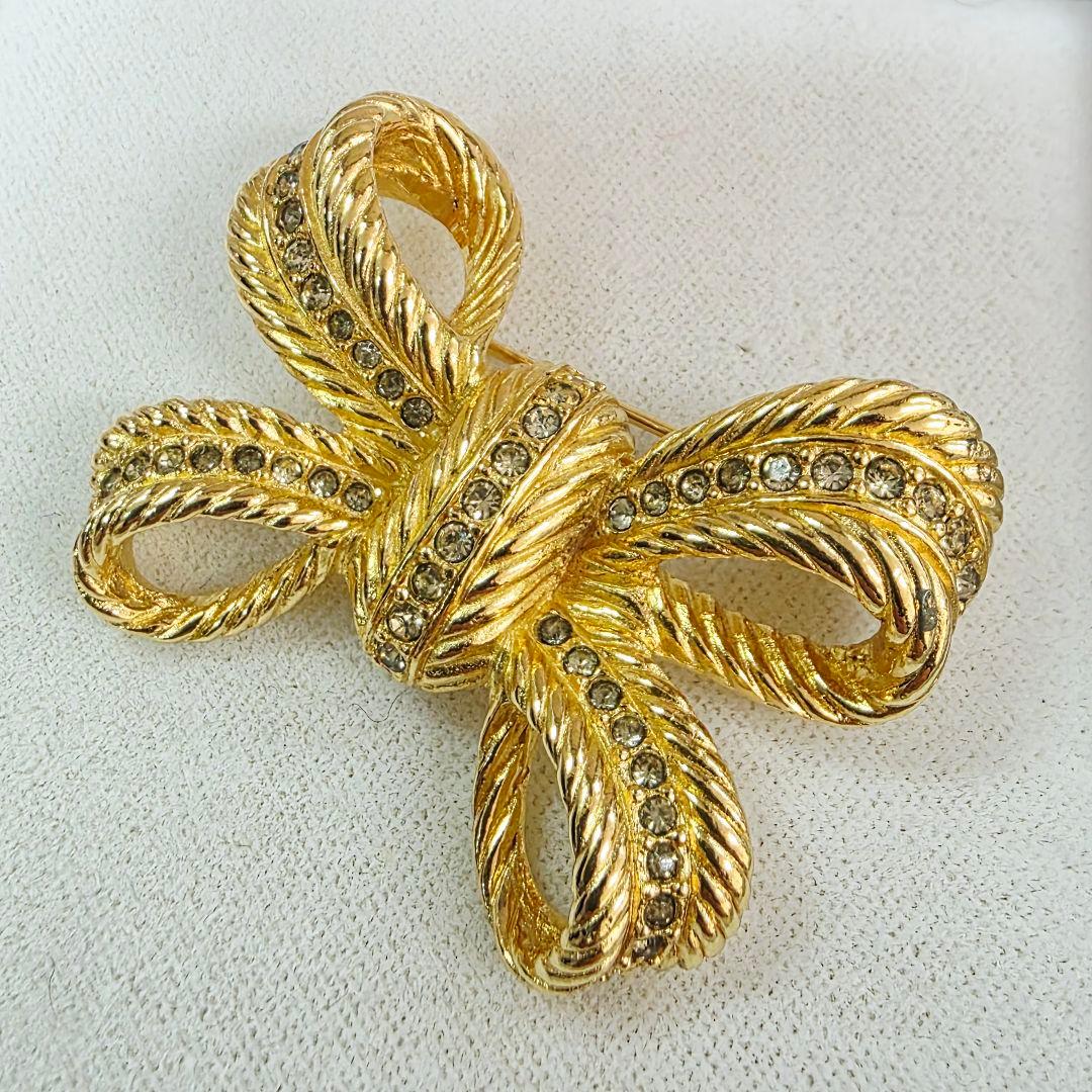 Dior クリスチャンディオール リボン ブローチ ゴールド ラインストーン