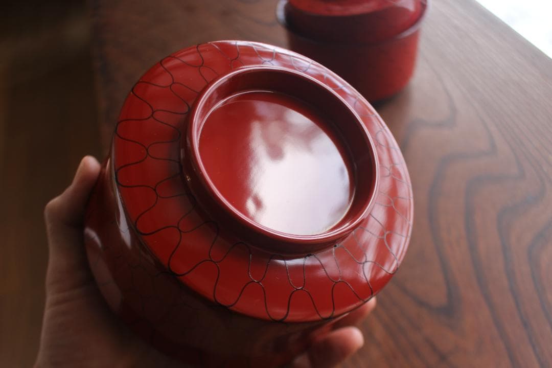 デッドストック！上質朱漆に風情ある網目文の映える筒形大椀2点（検京塗煮物椀