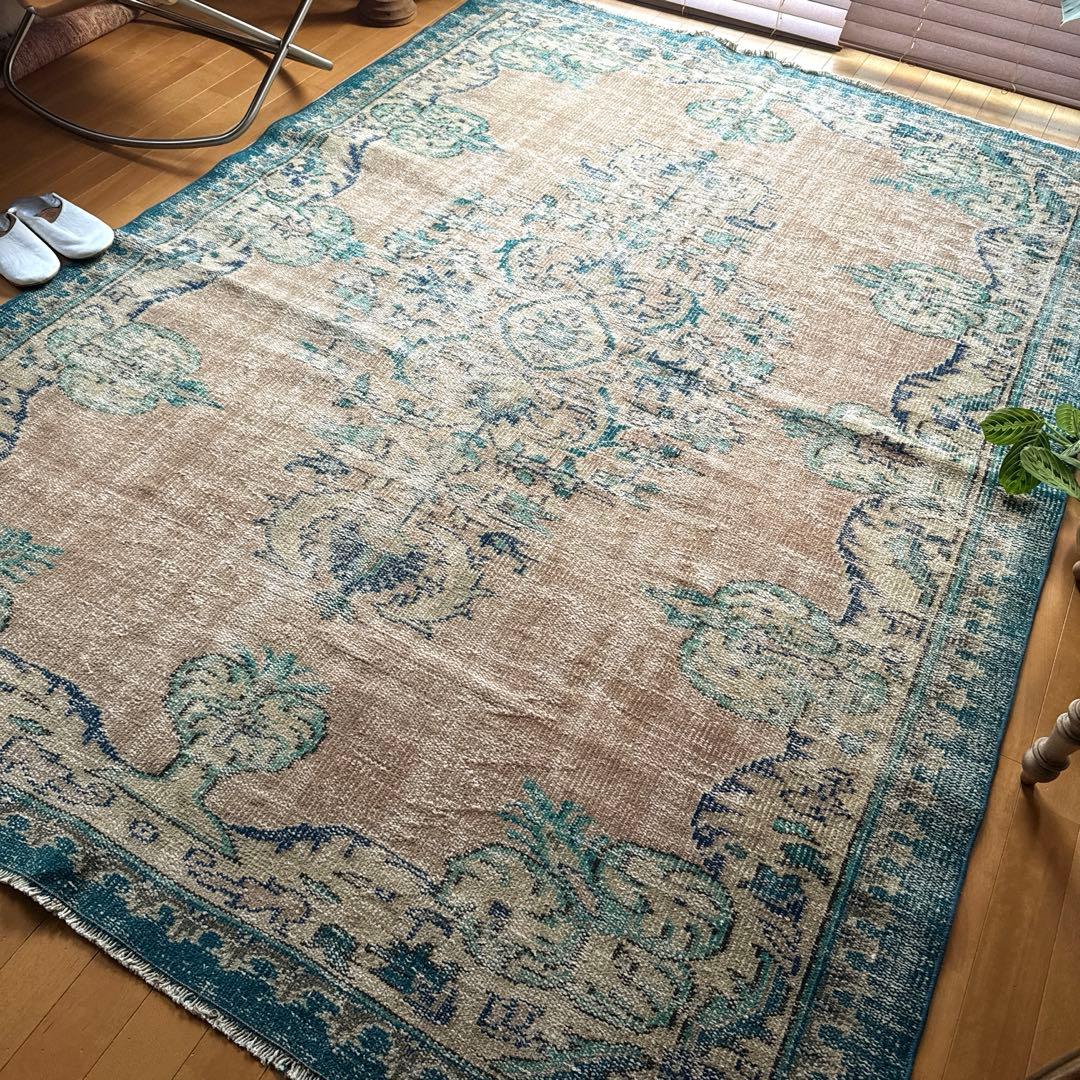 大判172×235淡いブラウンベージュ×ブルー　擦れトルコヴィンテージラグ