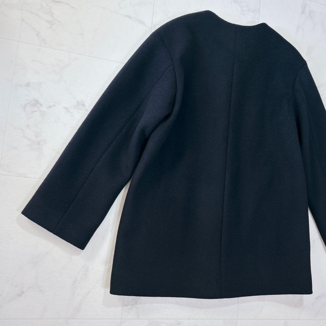 美品 BEAUTY&YOUTH ビーバー ノーカラー ショート コート ネイビー