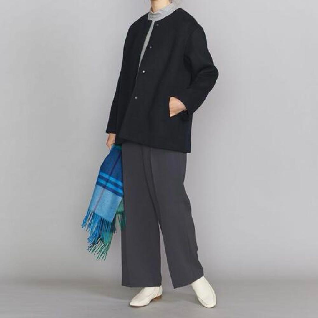 美品 BEAUTY&YOUTH ビーバー ノーカラー ショート コート ネイビー