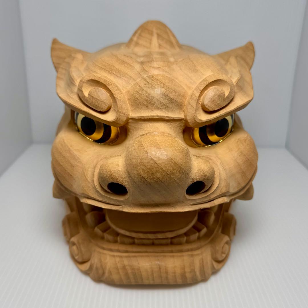 未使用 木彫 獅子頭 横山一夢作 木製 獅子 置物 共箱 説明書 作家物