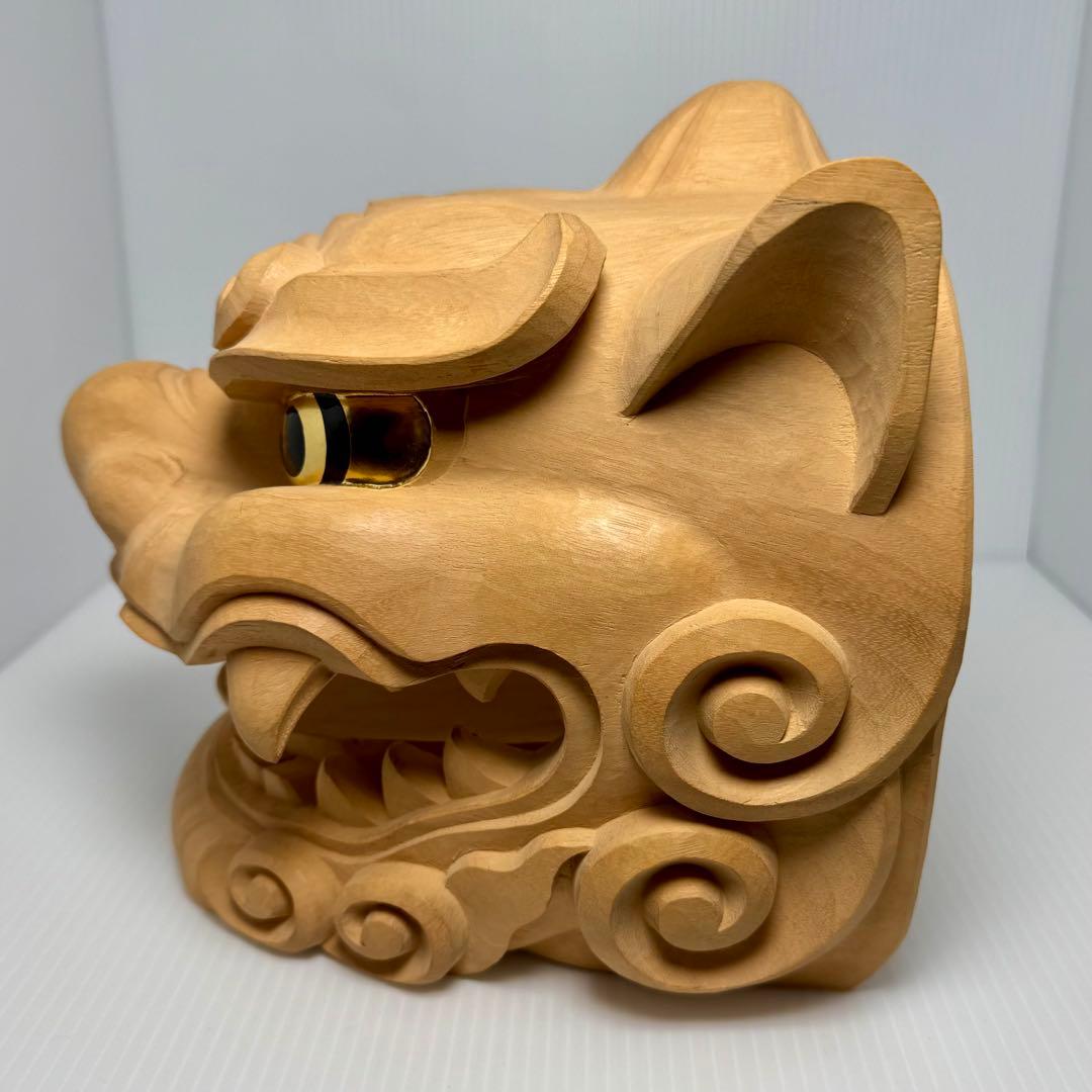 未使用 木彫 獅子頭 横山一夢作 木製 獅子 置物 共箱 説明書 作家物