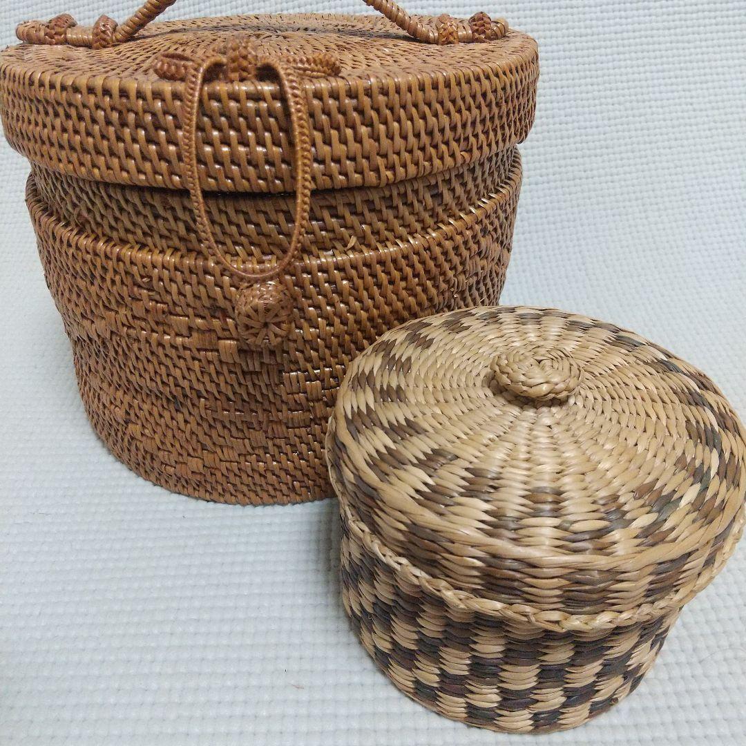 14×20cm アタ製♪持ち手付バスケット＆おまけ／自然素材 アジアン雑貨
