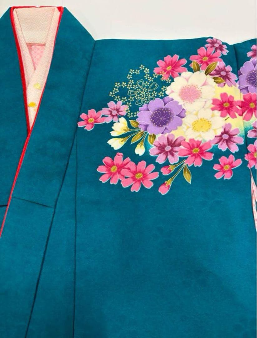 七五三　7歳女の子着物　新品　2点セット　秋桜　鮮やかブルーグリーン　鈴　八重桜