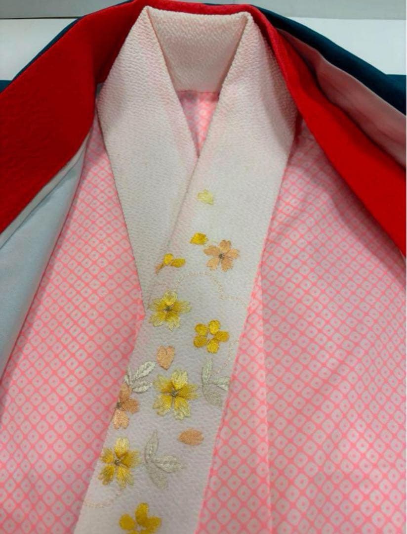 七五三　7歳女の子着物　新品　2点セット　秋桜　鮮やかブルーグリーン　鈴　八重桜