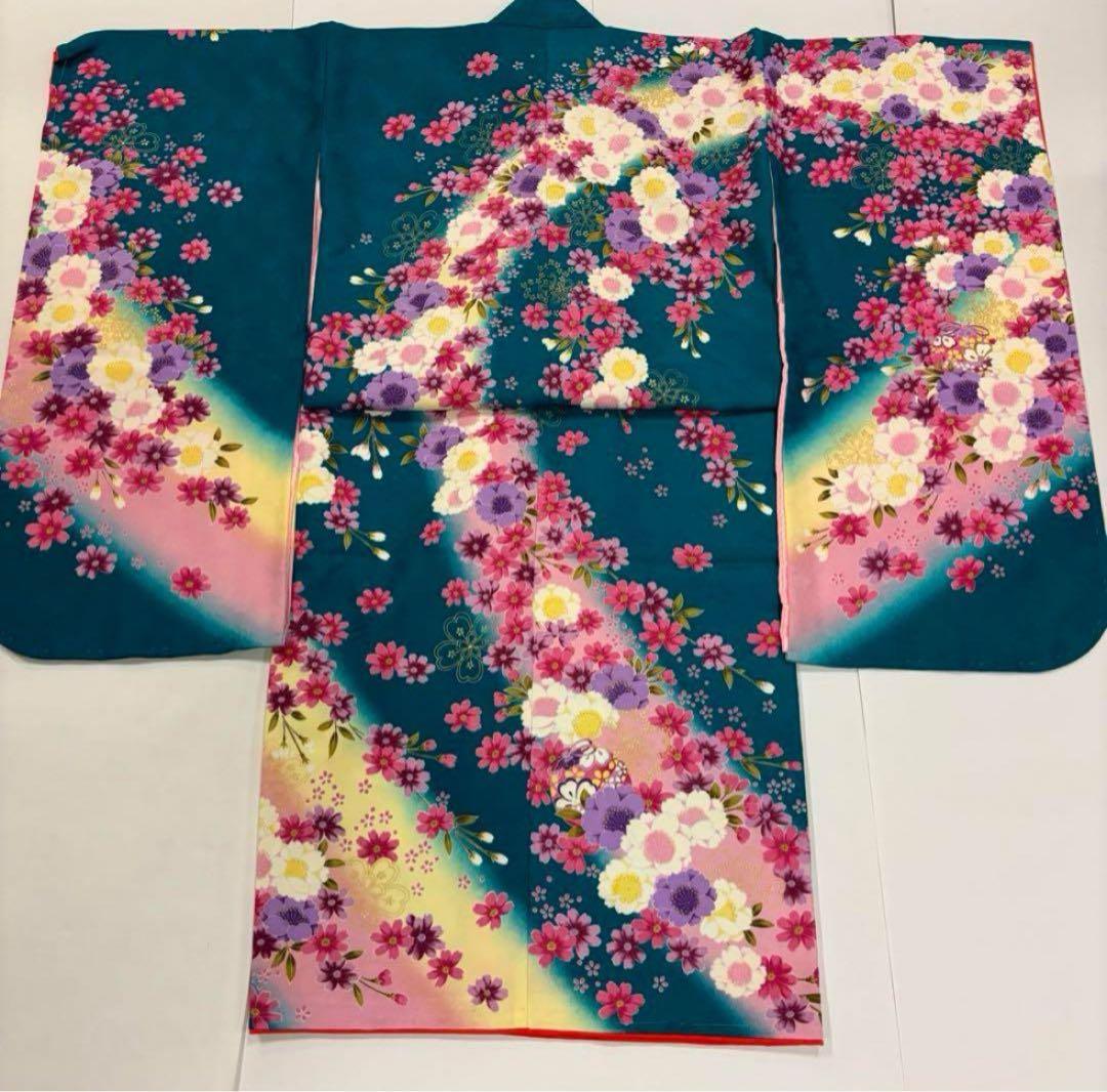 七五三　7歳女の子着物　新品　2点セット　秋桜　鮮やかブルーグリーン　鈴　八重桜