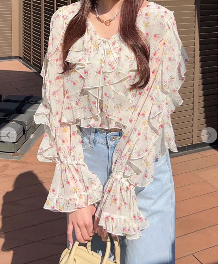 COCO DEAL フラワープリントフリルカーディガン×シャーリングキャミソール