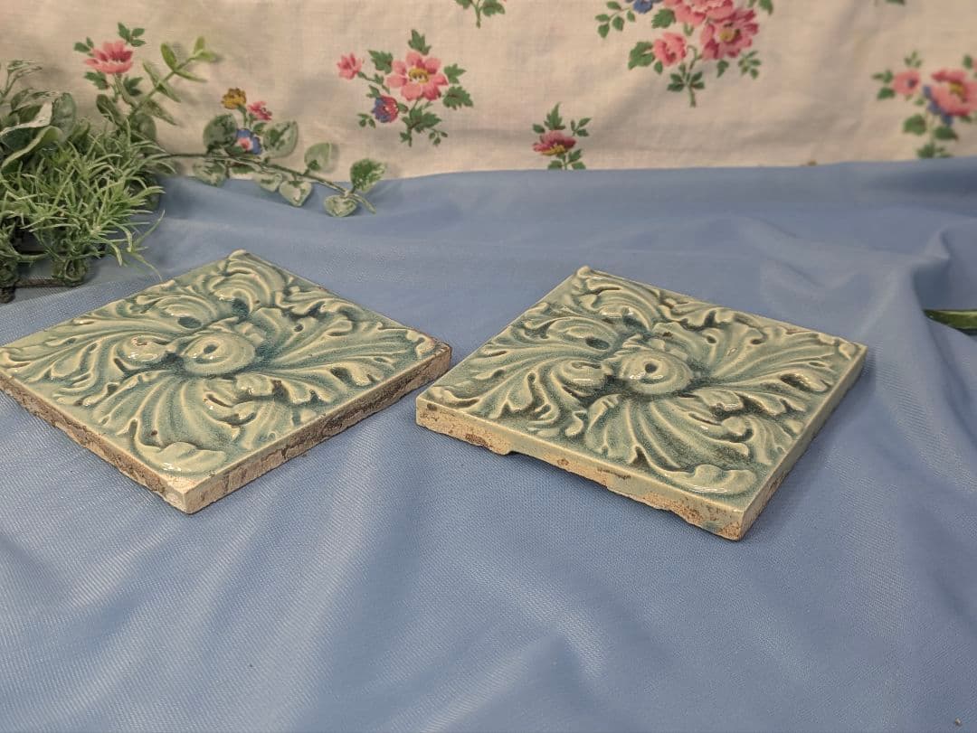 イギリス アンティーク タイル ブルー ４枚セット