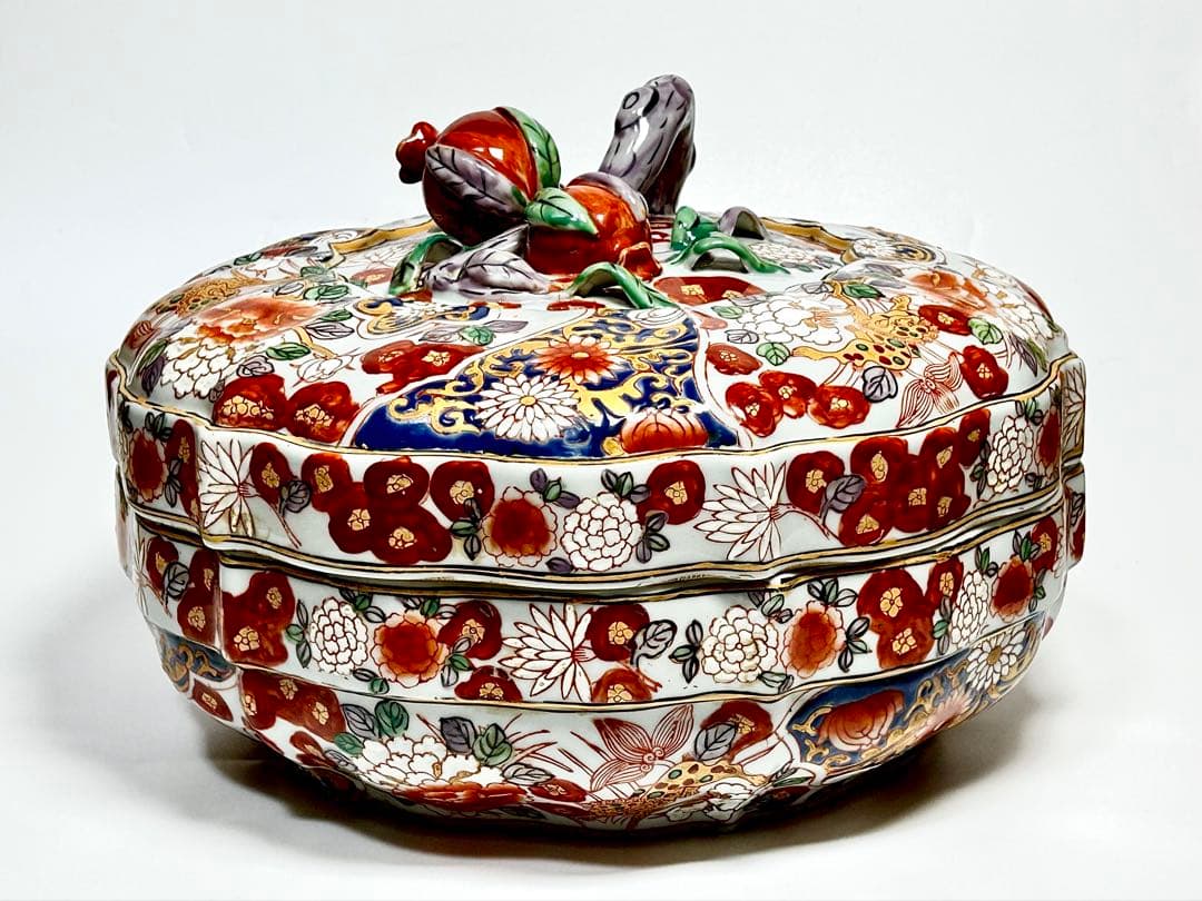 華榮堂 清朝末期 稀少品 広彩色絵 石榴摘蓋付大鉢 伊万里写 中国磁器