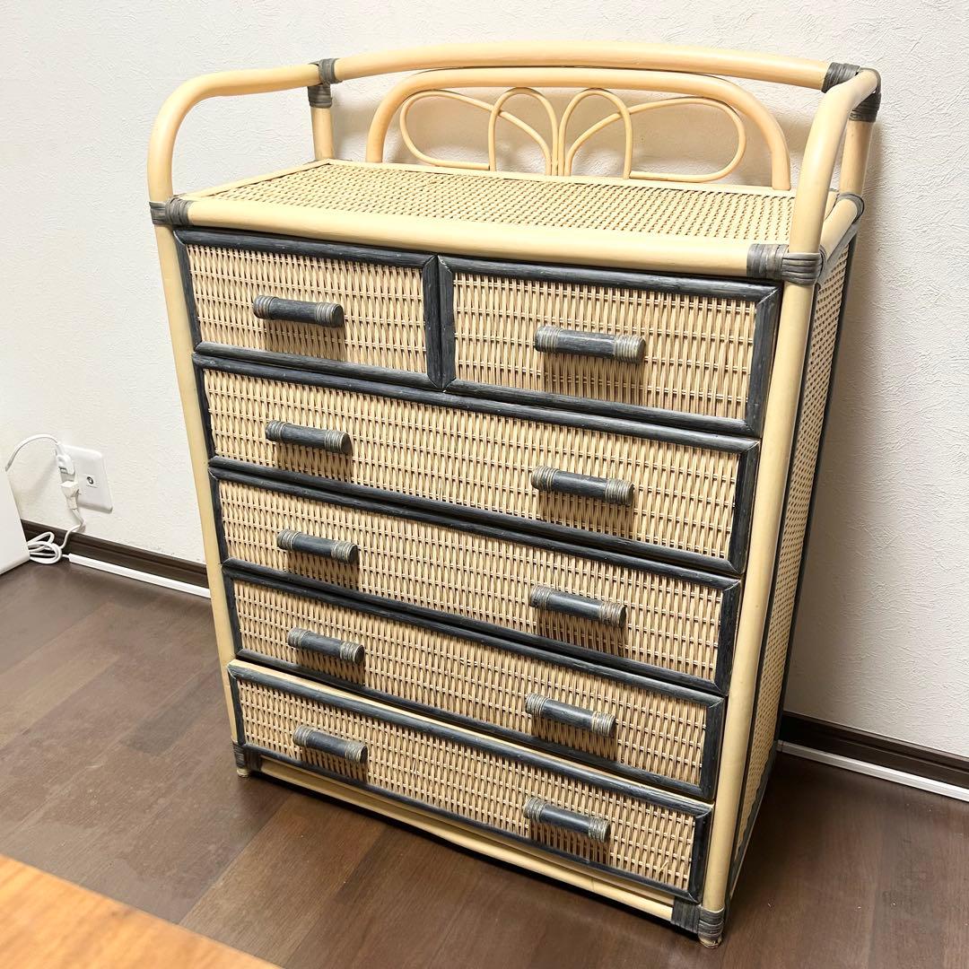 ラタン 5段チェスト 引き出し 収納 タンス 箪笥 電話台 ビンテージ