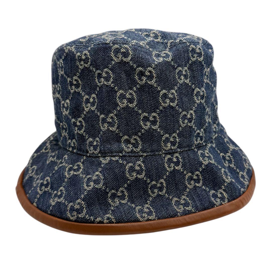 グッチ GUCCI GG柄 レザー切替デニムバケットハット バケハ L 59cm