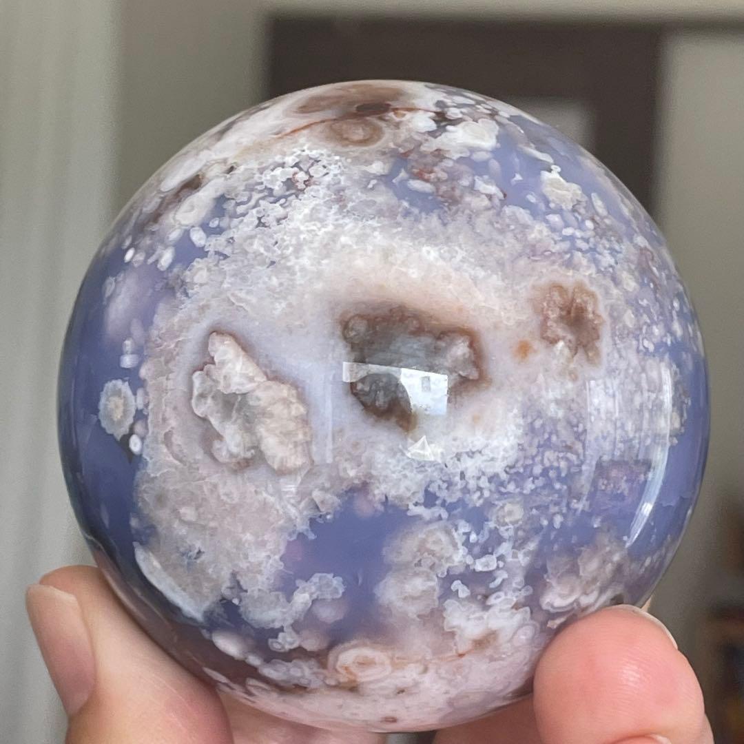 64mm大きなブルー桜瑪瑙 スフィア 天然石 置物