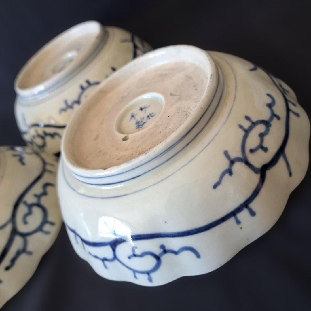 「人気の微塵(みじん)唐草文」 古伊万里皿(直径15.5cm) 3客セット 骨董