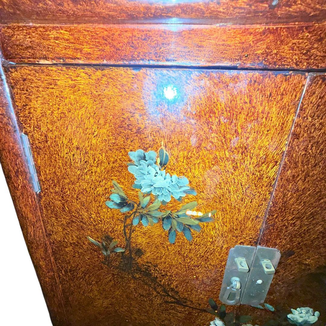 漆塗り調 花鳥図 和家具 収納棚 飾り棚 古家具 和モダン