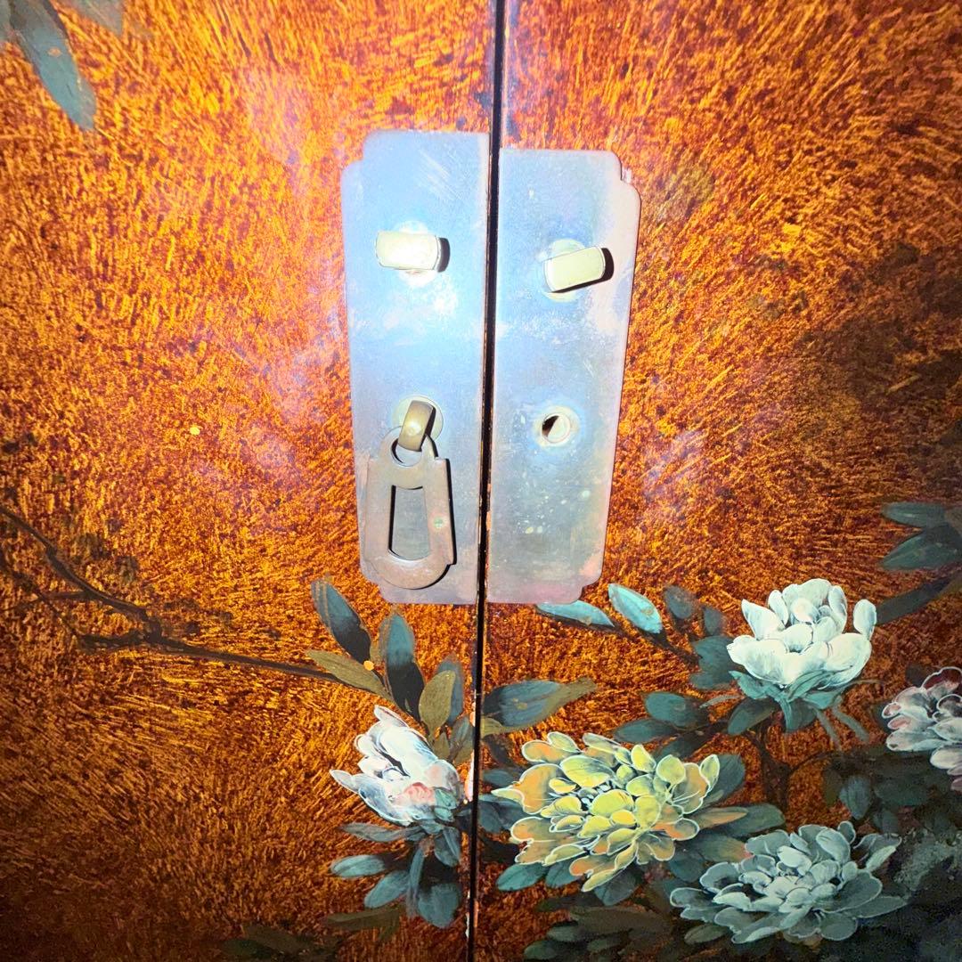 漆塗り調 花鳥図 和家具 収納棚 飾り棚 古家具 和モダン