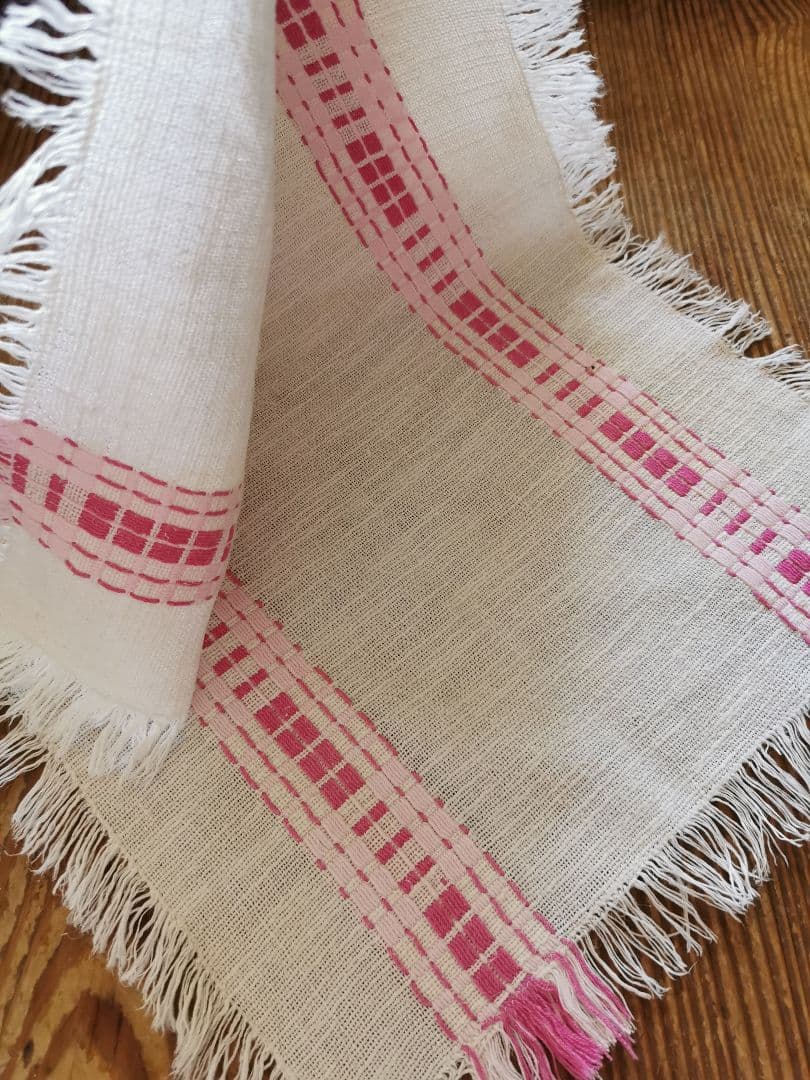 ヴィンテージフランス ラズベリー＆桜ピンク織刺繍 テーブルマット リネンランナー