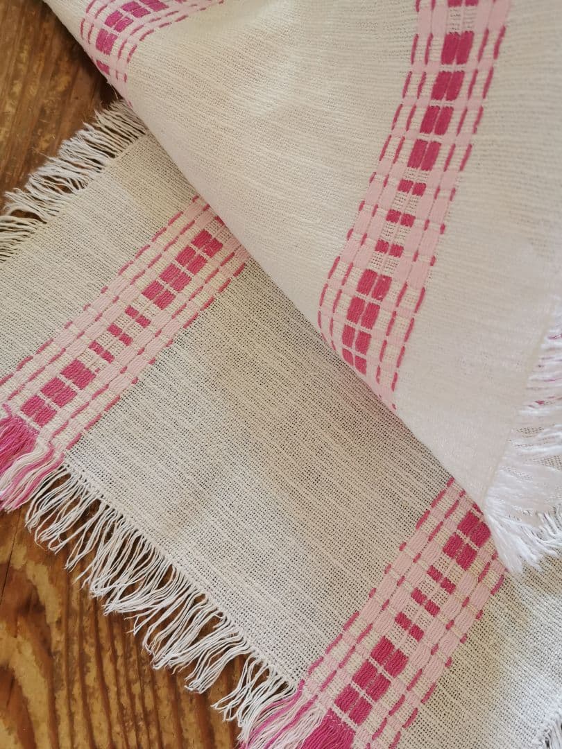 ヴィンテージフランス ラズベリー＆桜ピンク織刺繍 テーブルマット リネンランナー