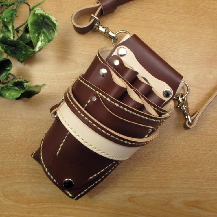 ブラウン＆ナチュラル　６丁　革ベルト付　本革シザーケース　SCL-158/CBA