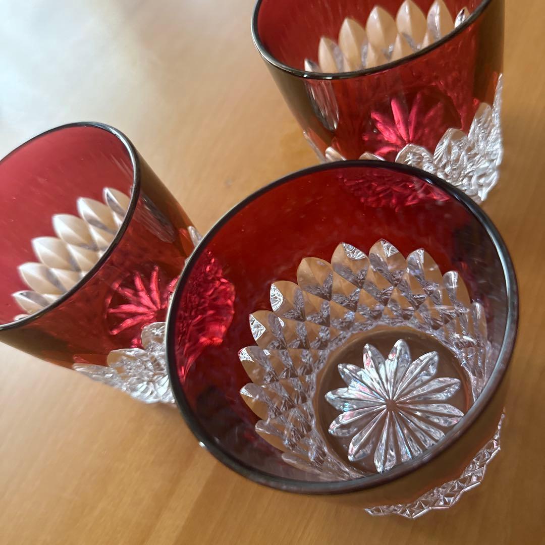 80's未使用★アンティークカットガラス被せガラス３個セット