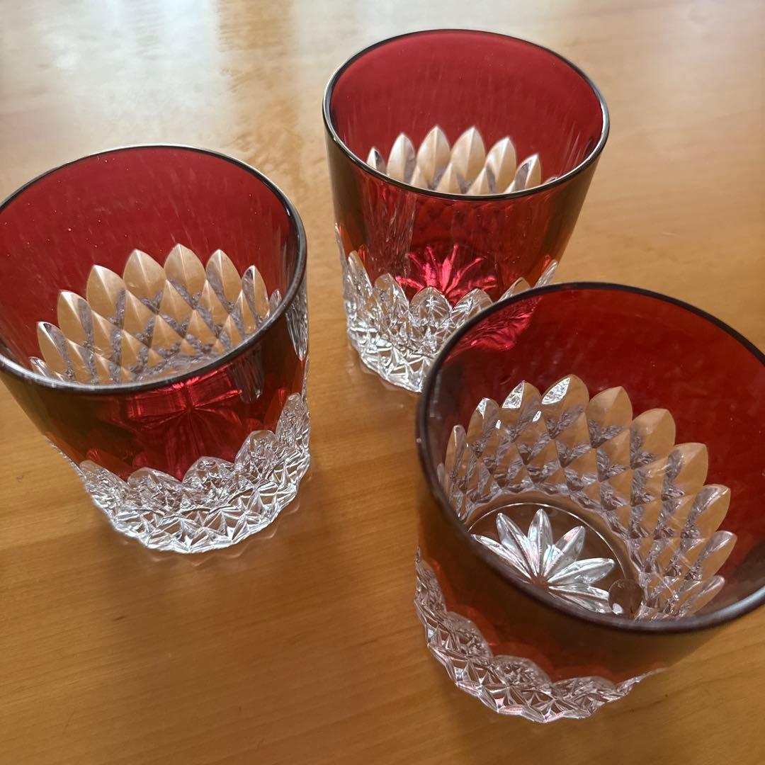 80's未使用★アンティークカットガラス被せガラス３個セット