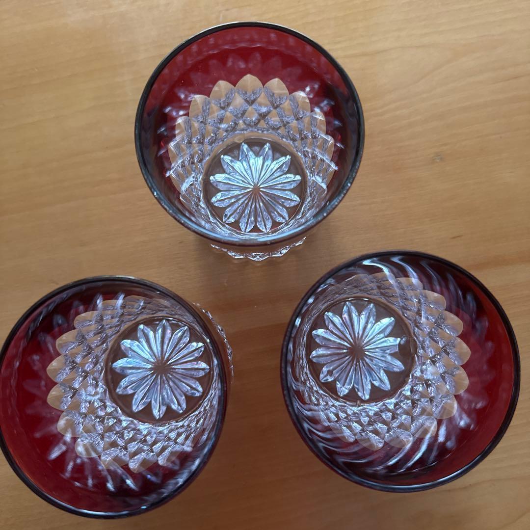 80's未使用★アンティークカットガラス被せガラス３個セット