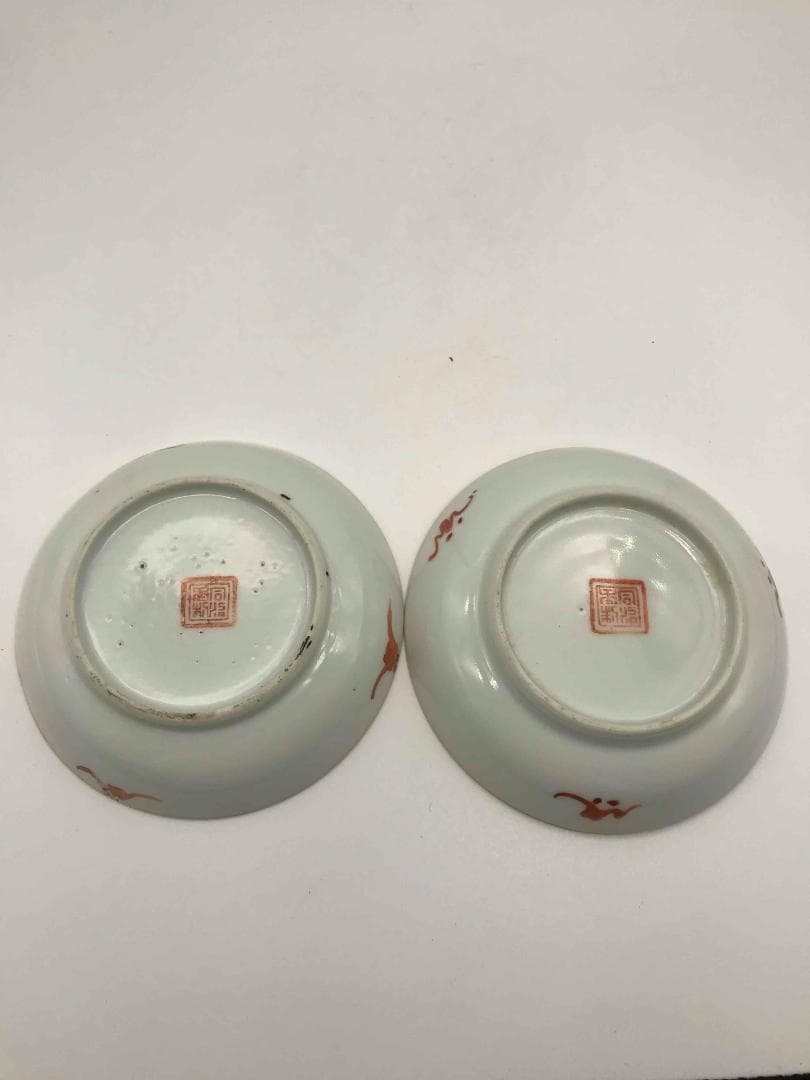 清同治時代 【同治年製 】在銘 粉彩三星人物文盤一対 人物物語文皿 (C-50)