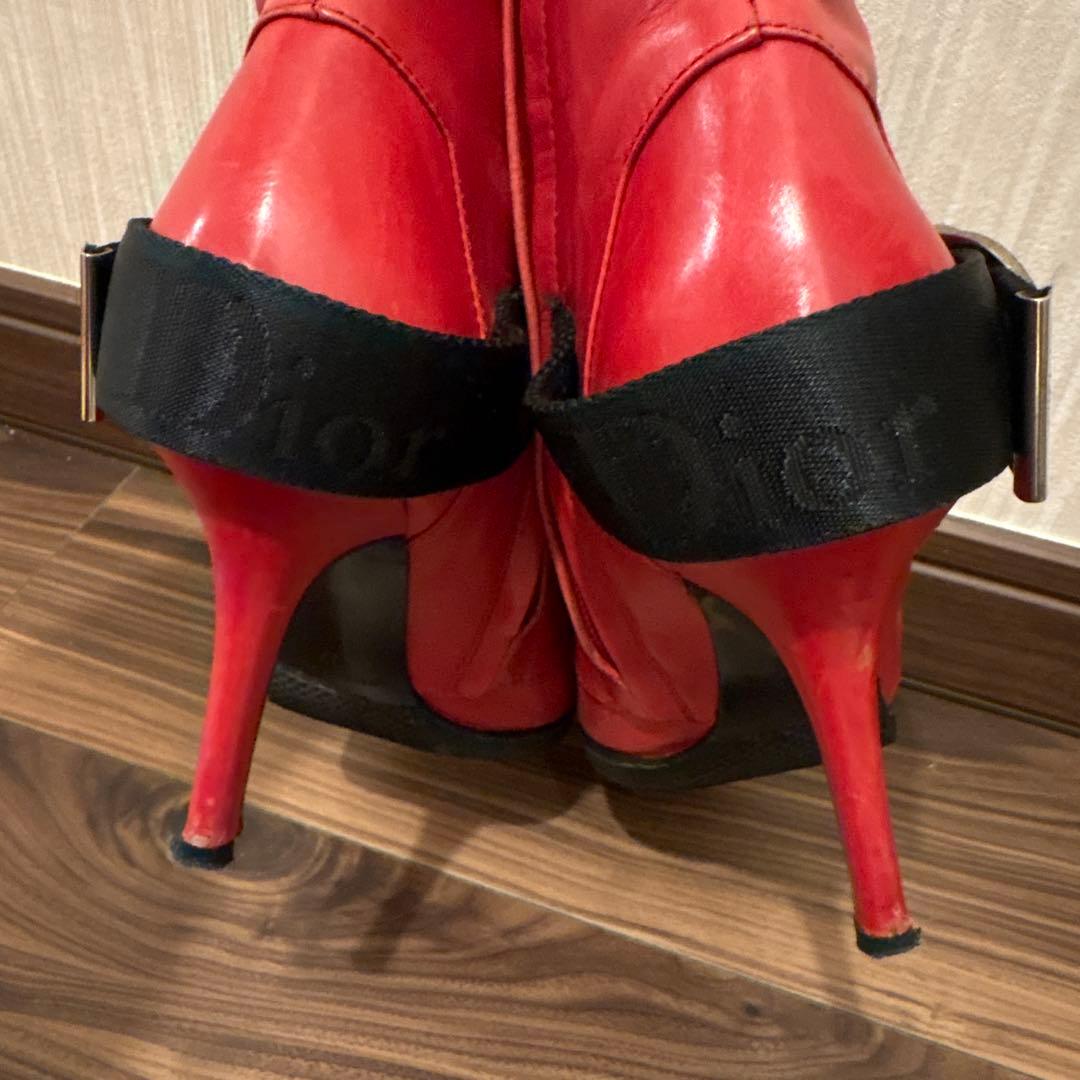 Dior レザー レッド ショート ベルト ブーツ 赤 37 本革