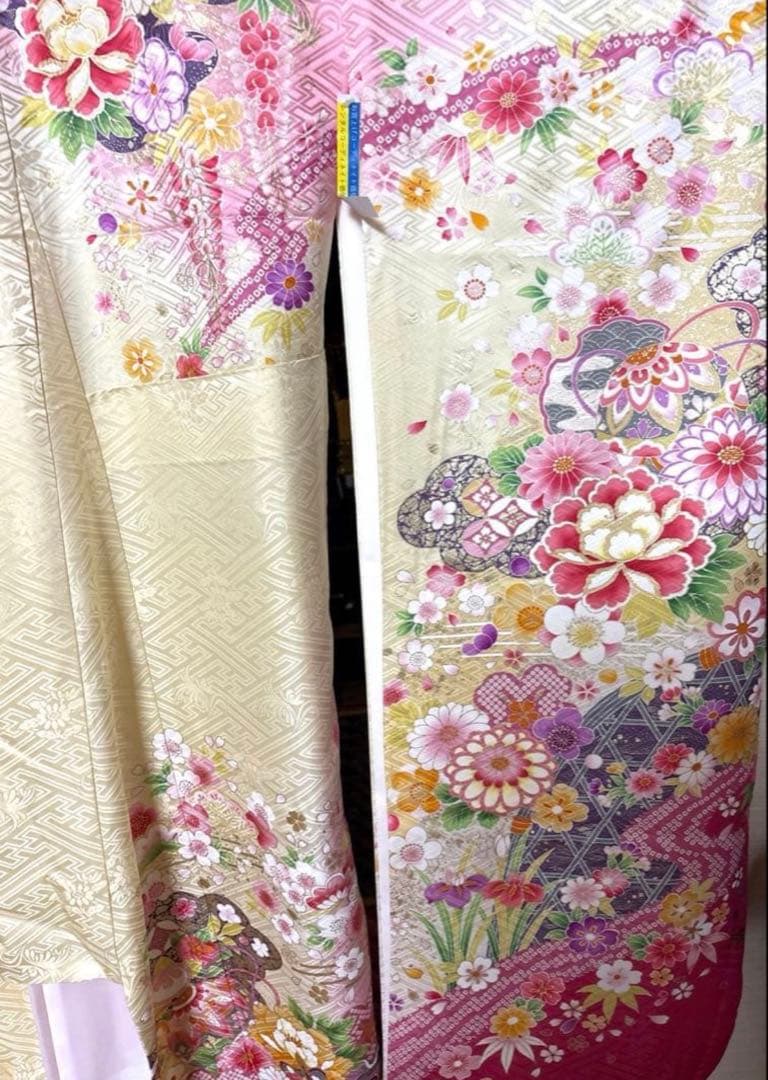 女郎花色 花々柄 振袖 身丈159
