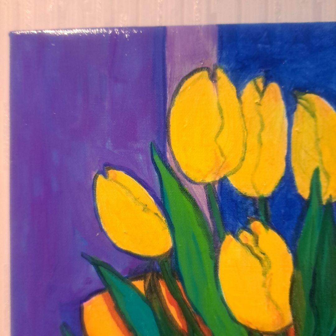 キャンバス油絵　黄色い椅子の上に置いた鉢植えの黄色いチューリップ他計2枚セット