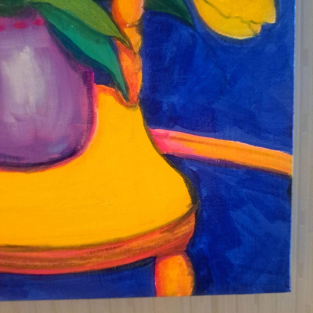 キャンバス油絵　黄色い椅子の上に置いた鉢植えの黄色いチューリップ他計2枚セット