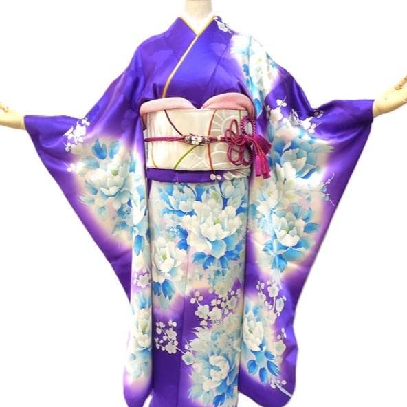 美品★振袖フルセット　正絹　振袖　７点　成人式　Sサイズ　パープル系　紫　花柄
