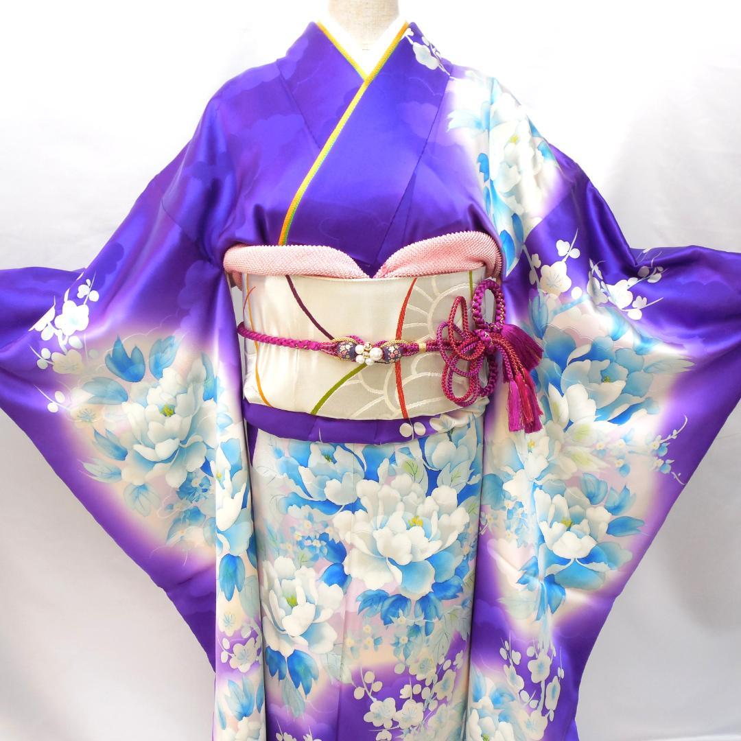 美品★振袖フルセット　正絹　振袖　７点　成人式　Sサイズ　パープル系　紫　花柄