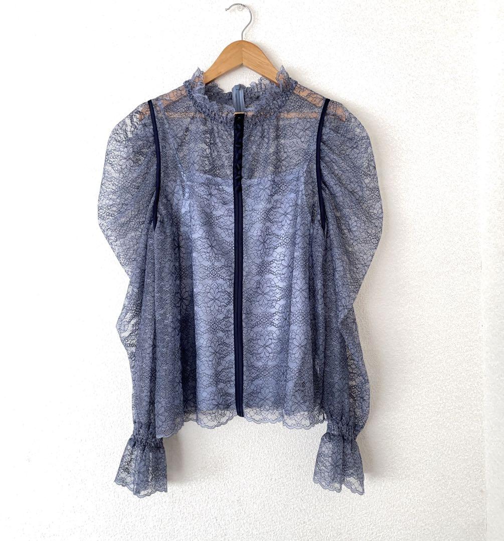 ランバンオンブルー 38 バイカラーレースブラウス ブルー