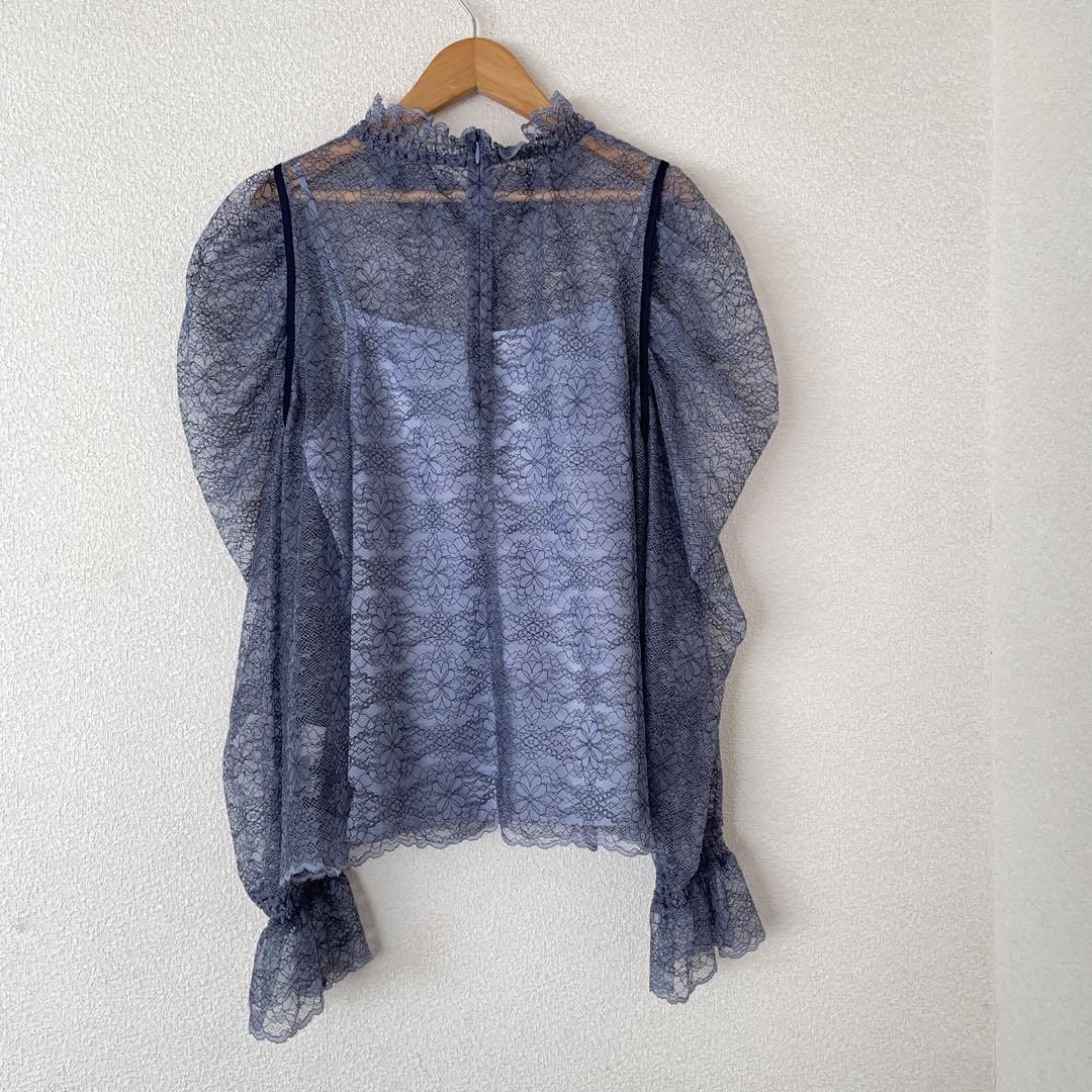 ランバンオンブルー 38 バイカラーレースブラウス ブルー
