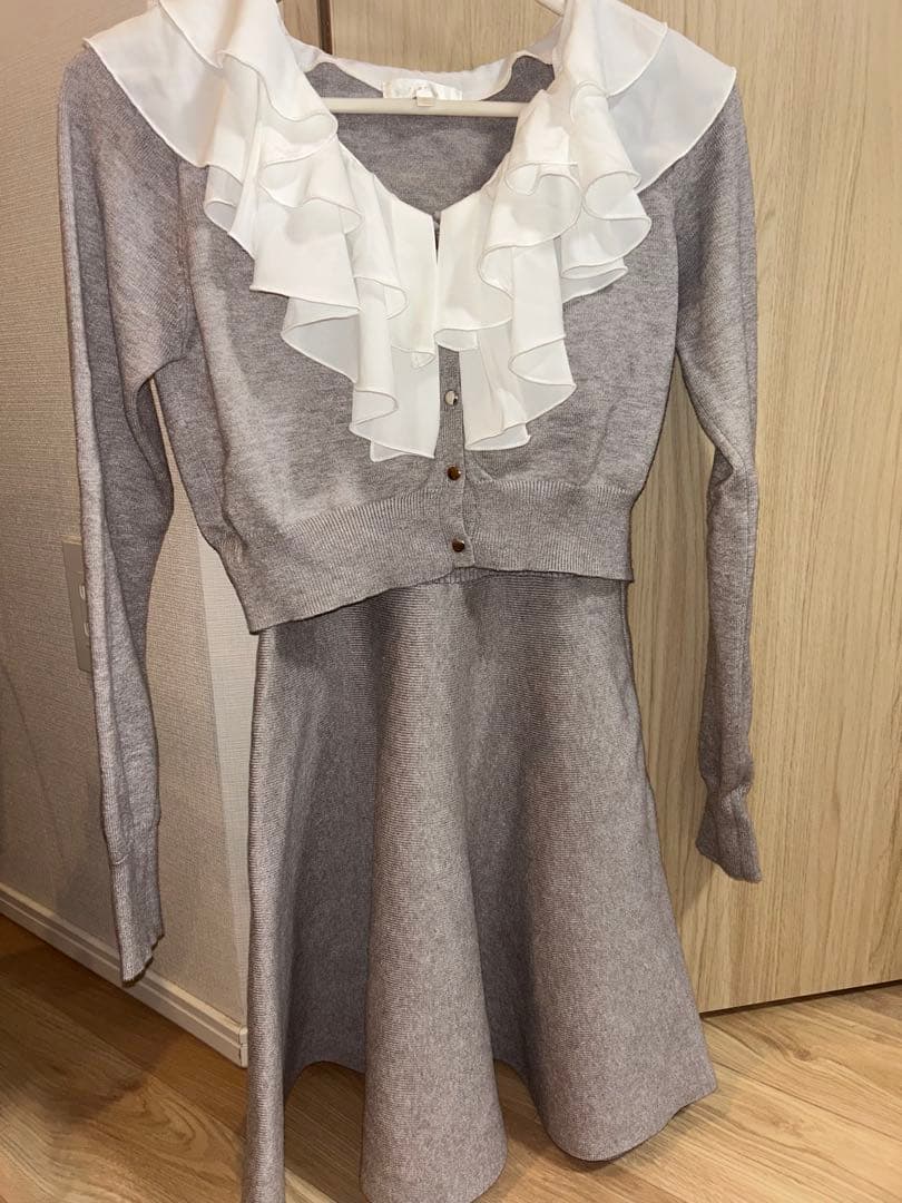 rienda フリルカラーニットカーディガンセットワンピース