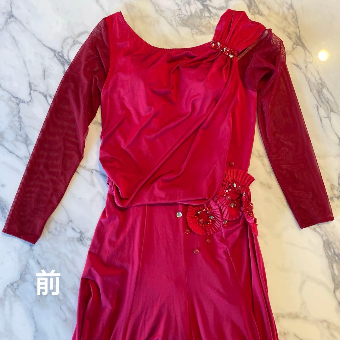 社交ダンス ドレス レッド 長袖 フレア インザムード