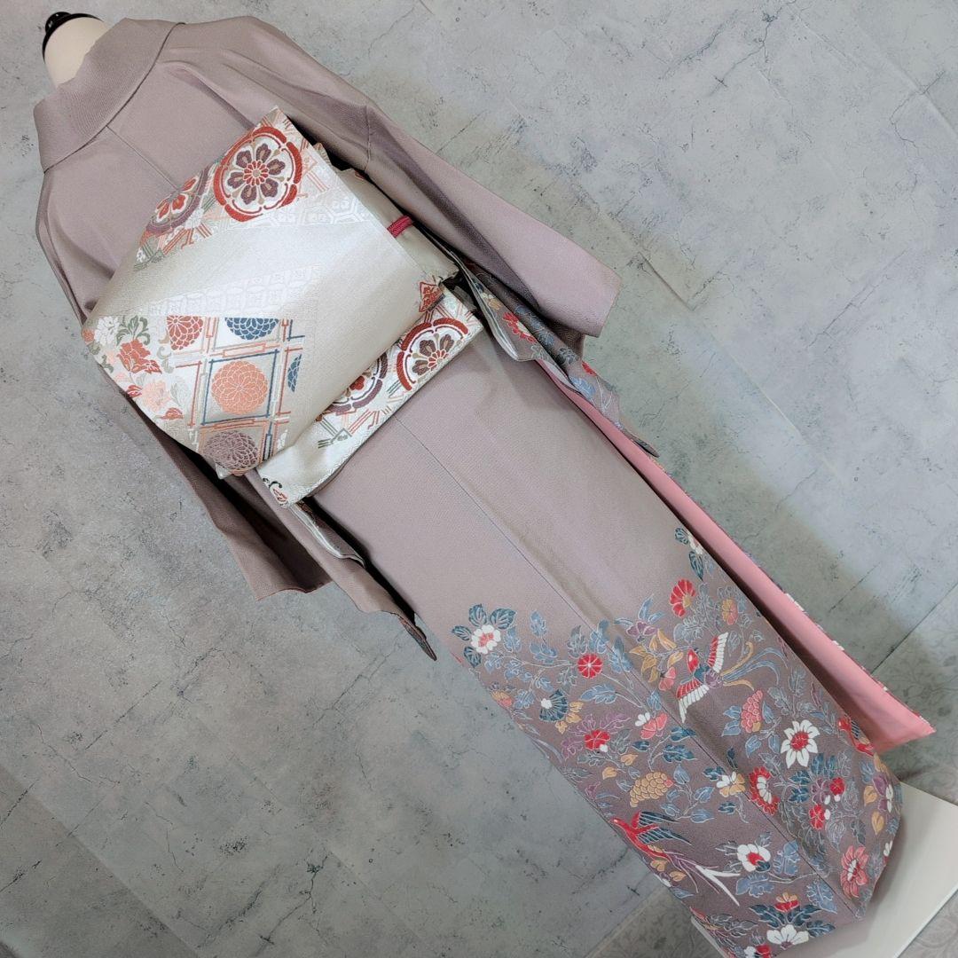 訪問着　フルセット　着物　正絹　花　鳥　カラフル　トールサイズ　おしゃれ　F4